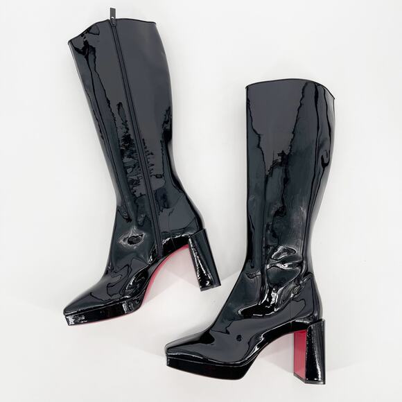 Christian Louboutin Alleo 90 Black Patent Leather Knee High Block Heel Boots 42 - Picture 4 of 11